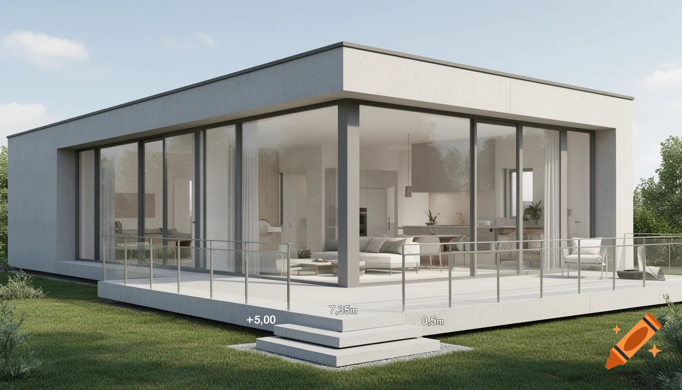Photorealistic 3D architectural rendering of a modern, single-story house with a flat roof, large glass sliding doors, and a concrete terrace with a glass railing, set on a grassy lawn under a clear sky.