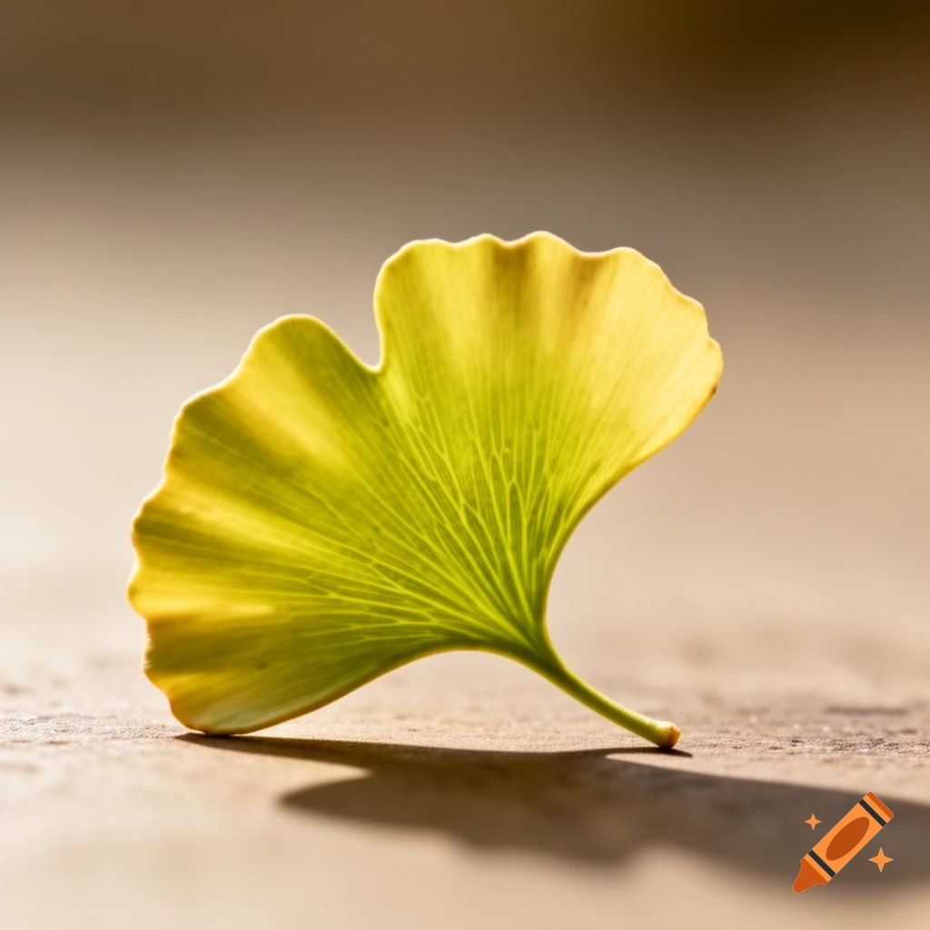A close-up, backlit ginkgo leaf with green and yellow hues lies on a textured surface.