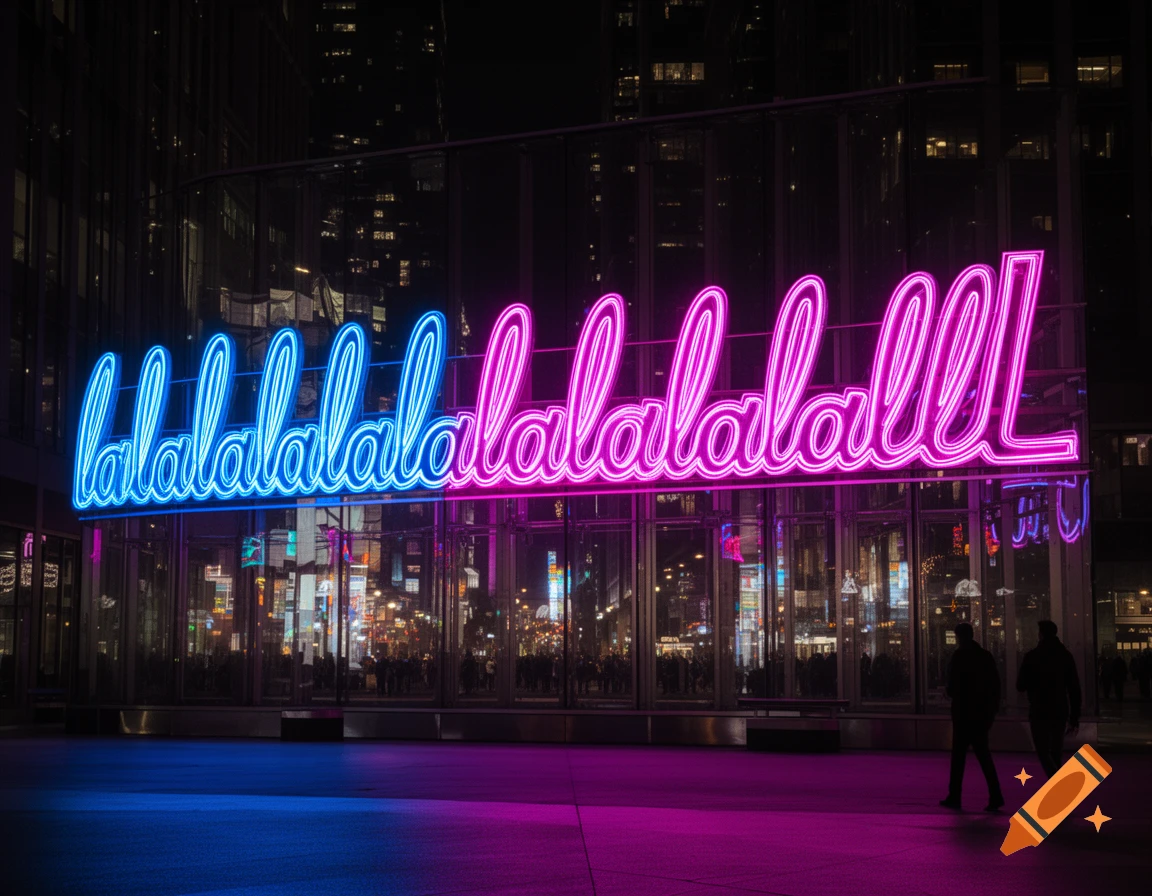 A large neon sign reading 'lalalalalalalalLlL' in blue and pink glows on a glass building at night, reflecting on the ground.