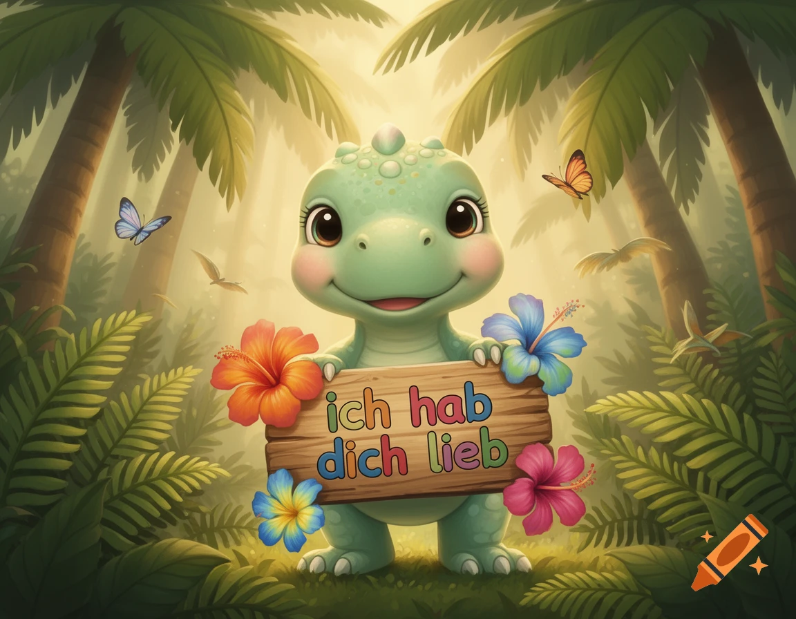 A cute green cartoon dinosaur holds a wooden sign reading 'ich hab dich lieb' in a lush jungle with flowers and butterflies.