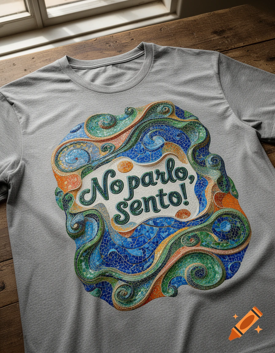 A gray T-shirt with a colorful mosaic design in the style of Gaudi, featuring the text "No parlo, sento!"