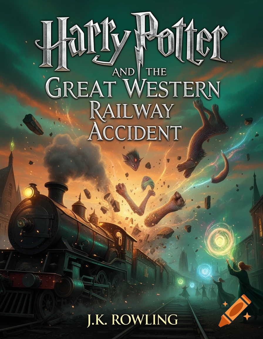 Book cover for "Harry Potter and the Great Western Railway Accident" by J.K. Rowling, depicting a train, magical figures casting spells, and fantastical animal body parts floating in a chaotic sky.