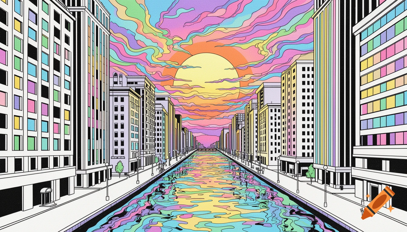 Stylized pop art cityscape with a river flanked by buildings, under a vibrant psychedelic sunset sky.