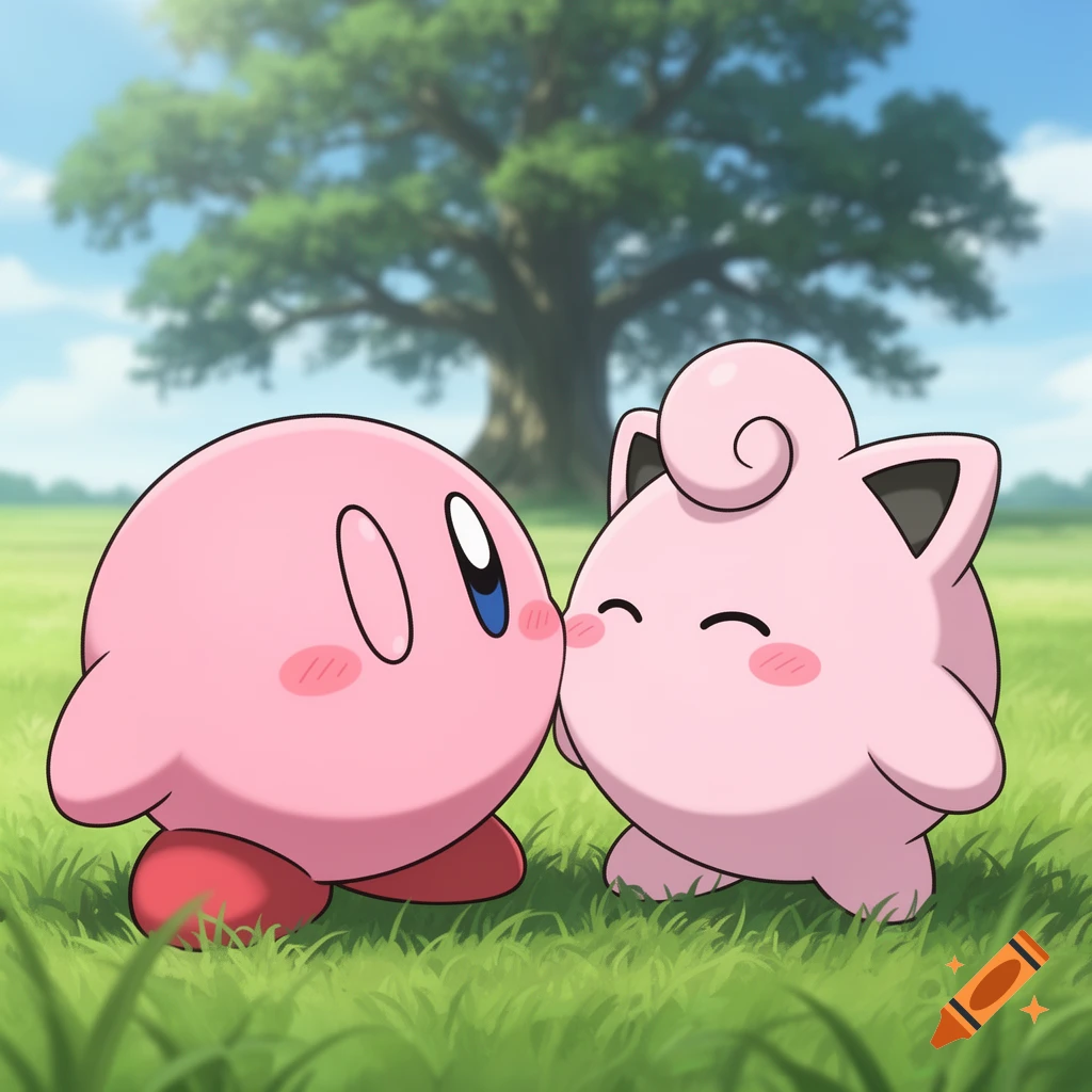 Kirby and Jigglypuff, pink characters, share a tender kiss in a green field with a large tree in anime style.