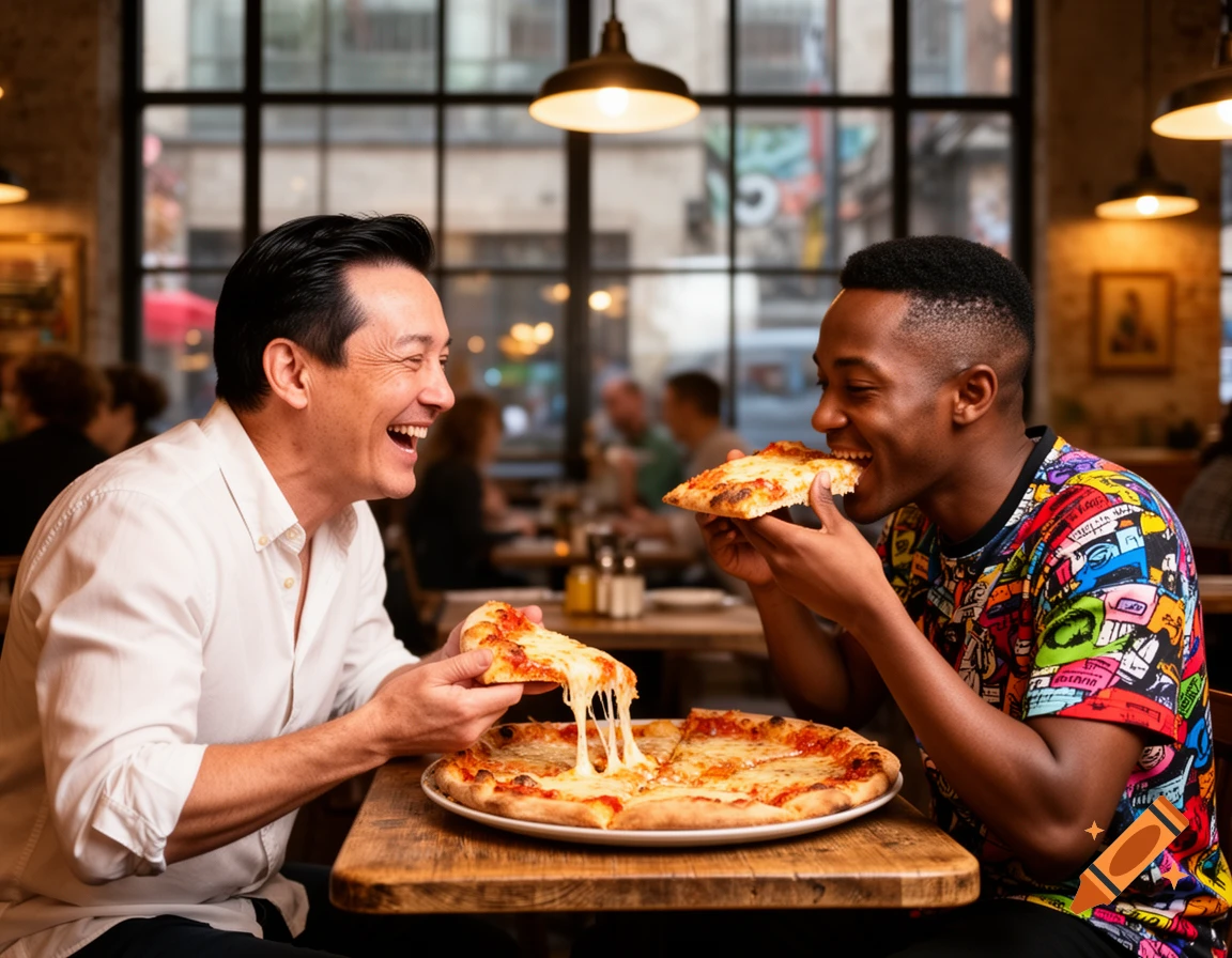 Two men happily eating pizza and laughing at a restaurant. Photorealistic.