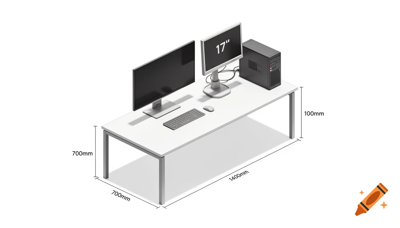 An isometric diagram of a 700mm x 1400mm white office desk. It has a wide monitor, a 17-inch square monitor displaying "17\"", a keyboard, a mouse, and a small desktop PC.