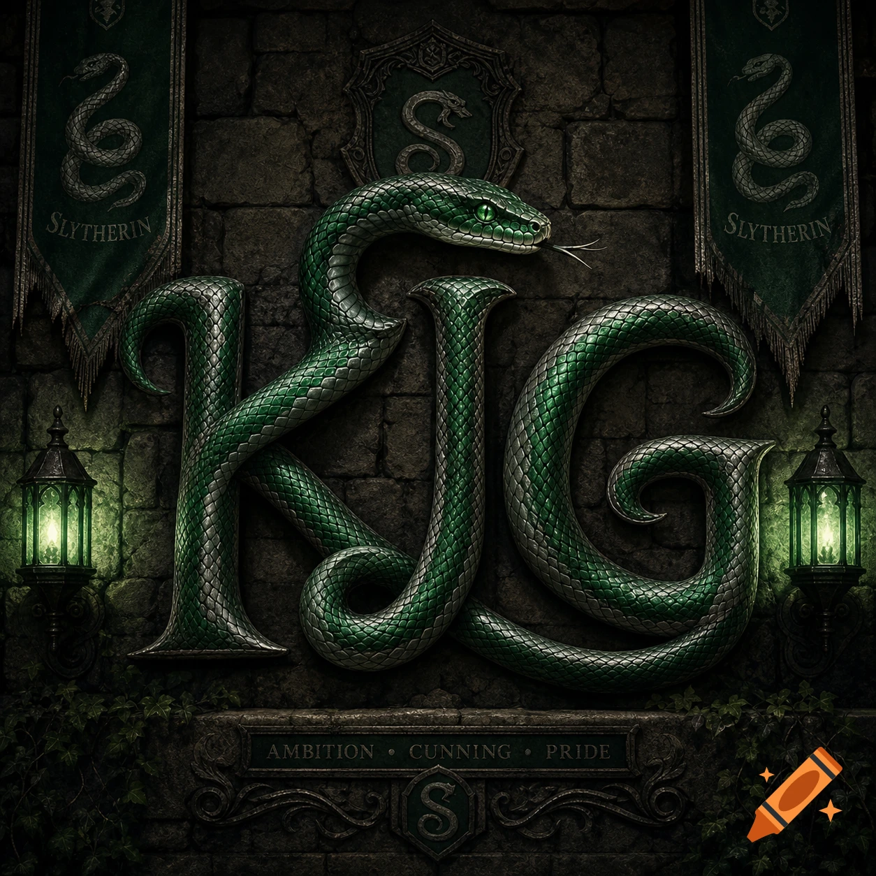 Detailed green snake forming 'KJG' logo on a dark stone wall, flanked by 'Slytherin' banners and glowing green lanterns.