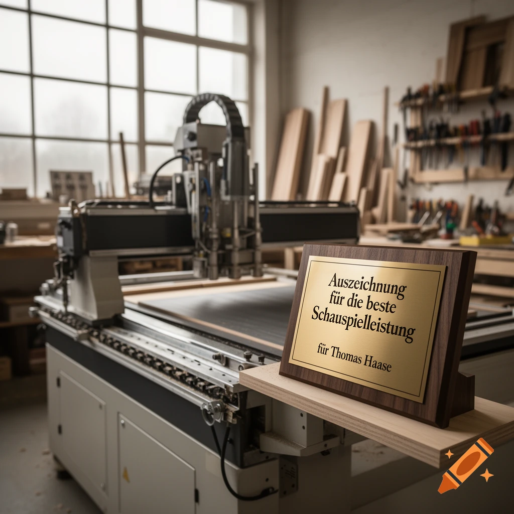 A wooden award plaque with German text 'Award for the best acting performance for Thomas Haase' on a shelf in a workshop with a CNC machine.