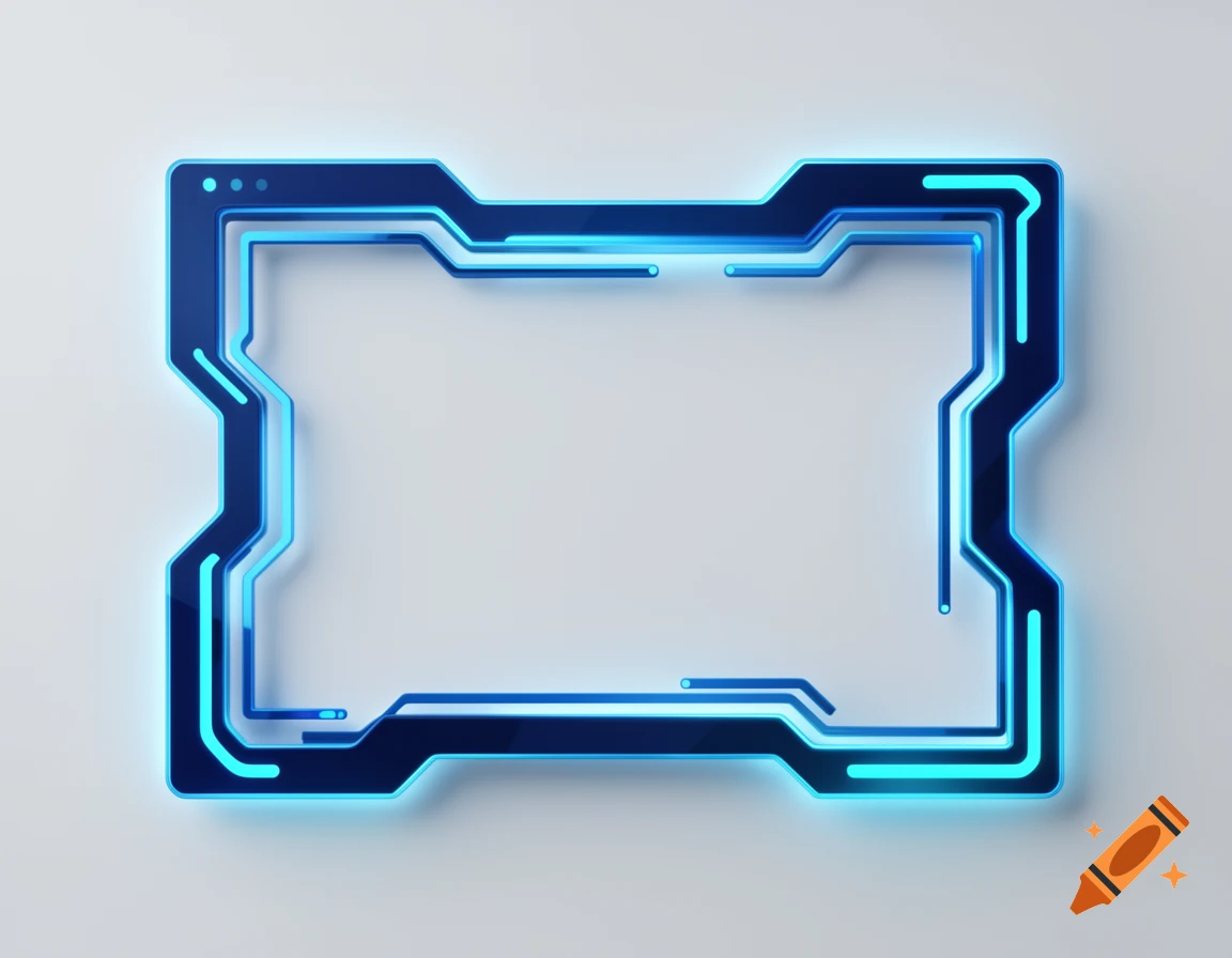Glowing blue futuristic frame with intricate lines on a light grey background.
