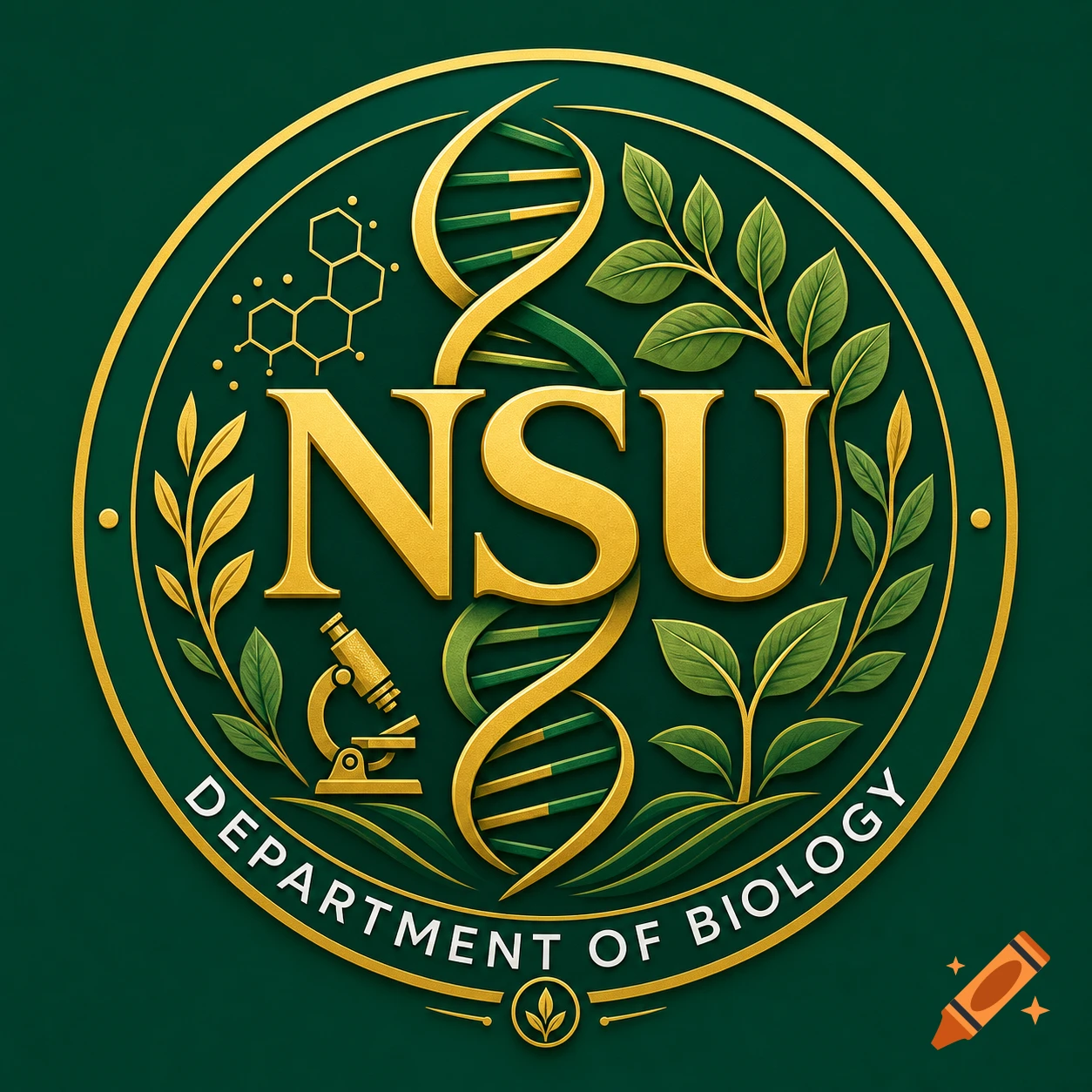 A dark green and gold logo for NSU Department of Biology, featuring DNA, a microscope, a chemical structure, and leaves within a circular emblem.