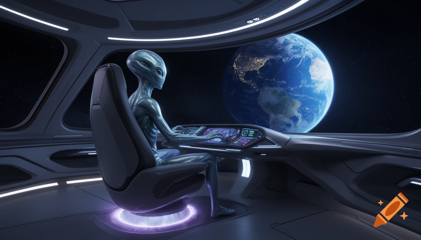 A gray alien sits in a futuristic spaceship cockpit, gazing out a window at Earth glowing with city lights in deep space.