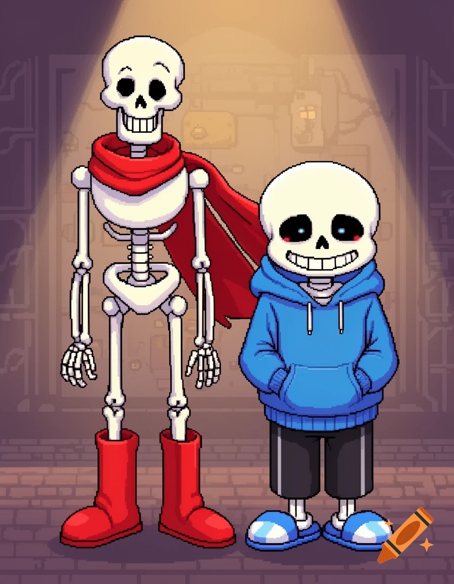 Pixel art of Papyrus and Sans from Undertale. Tall skeleton Papyrus wears a red scarf and boots, short skeleton Sans wears a blue hoodie.