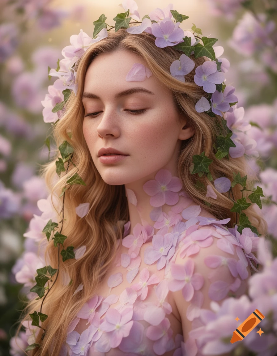 Photorealistic portrait of a woman with closed eyes, long blonde hair, adorned with light purple flowers and ivy.