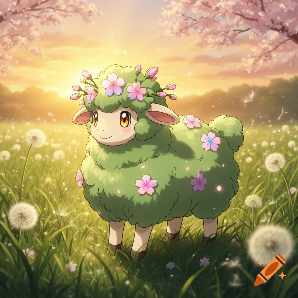 A cute, green, anime-style grass-sheep Pokémon with pink cherry blossoms on its wool and head, standing in a dandelion field at sunset.