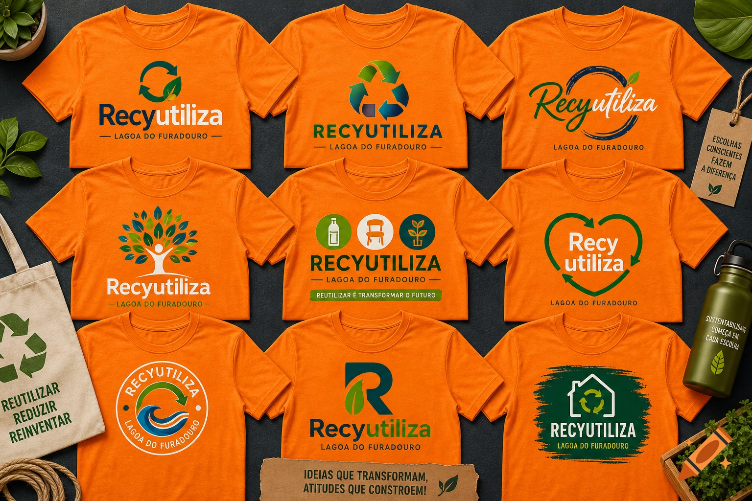 Nine orange t-shirts displaying various green and blue recycling-themed logos for 'Recyutiliza Lagoa do Furadouro', surrounded by eco-friendly items.