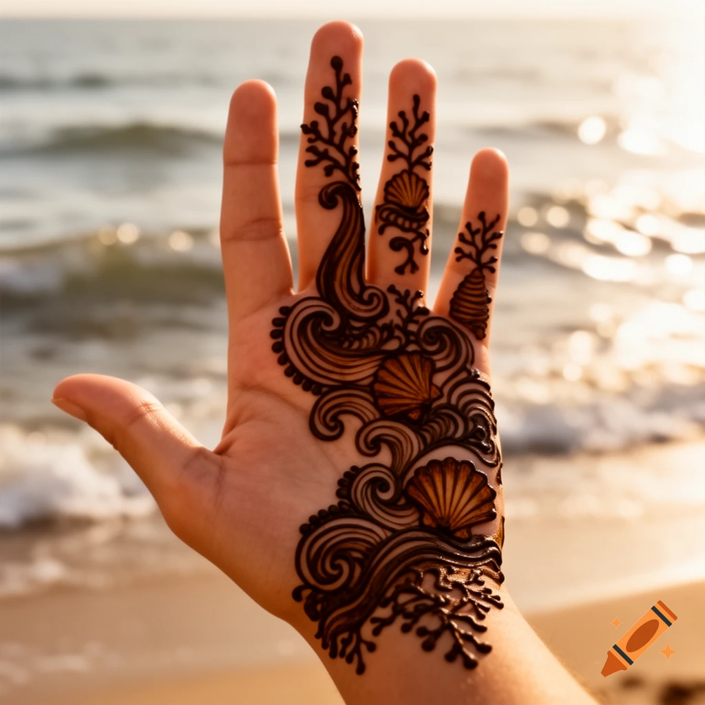 A hand with a detailed sea-inspired henna design featuring shells and waves, against a blurred beach and ocean at sunset.