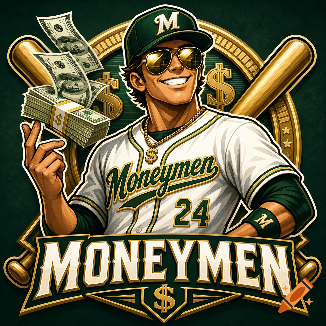 A smiling baseball player in sunglasses and a green cap with "M" on it, wearing a "Moneymen" jersey, holding and surrounded by stacks of money, with a golden dollar sign logo and baseball bats in the background.