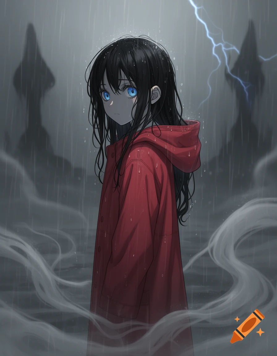 Anime girl with black hair and glowing blue eyes in a red raincoat stands in heavy rain with lightning and dark silhouettes.