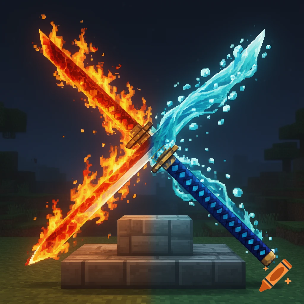 Two pixel art katanas crossing, one glowing with fire and the other flowing with water, against a Minecraft-style dark landscape.