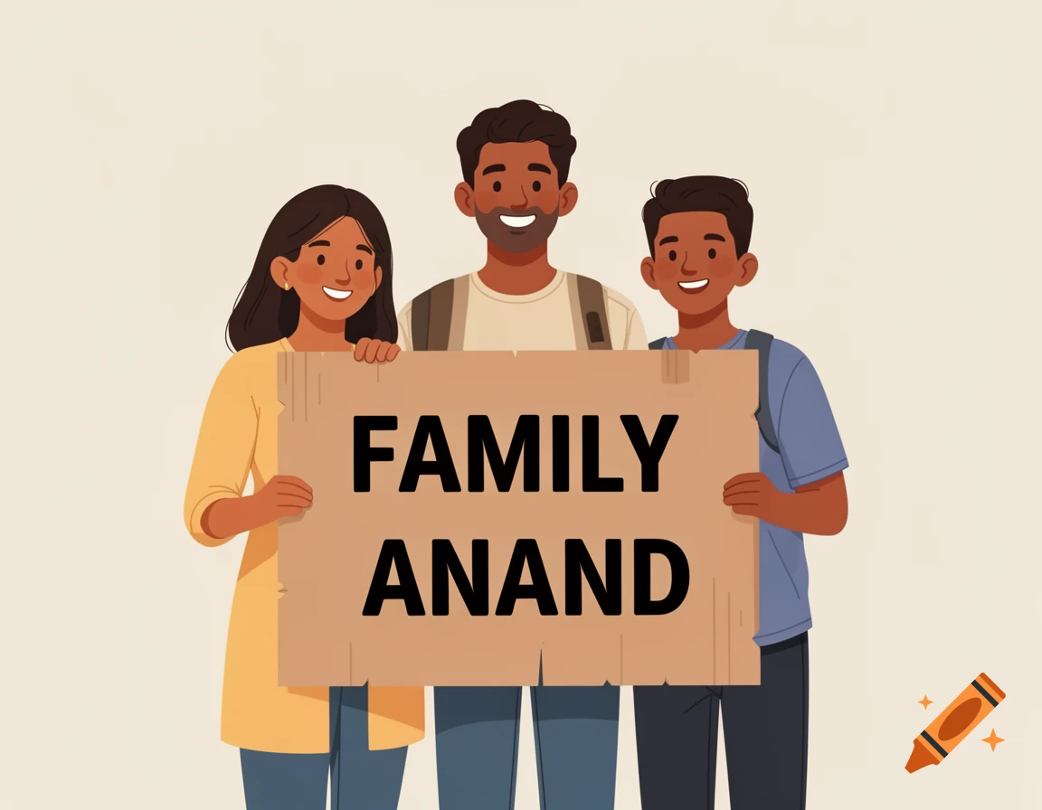 An illustration of a smiling family of three holding a cardboard sign that reads "FAMILY ANAND".
