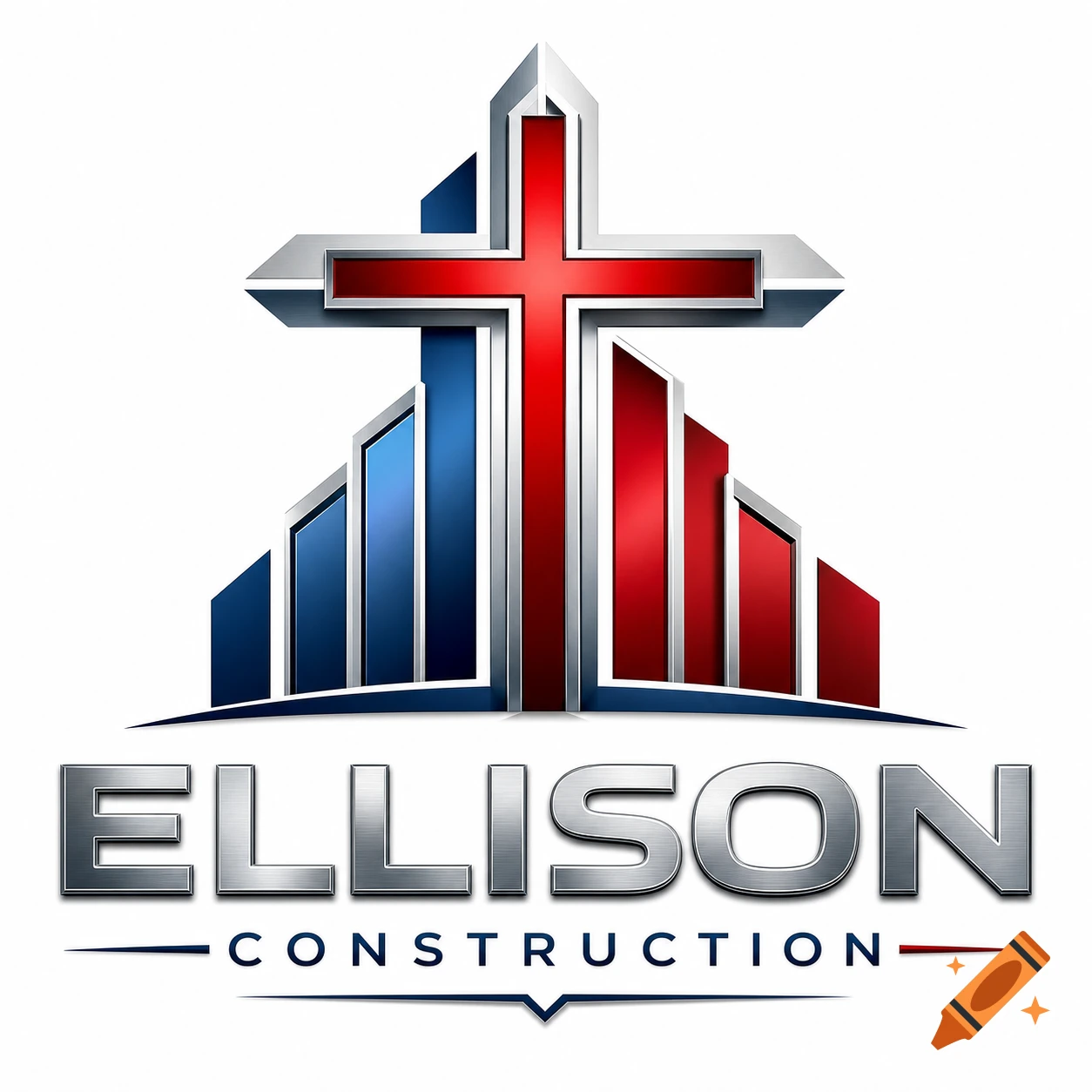 A logo for Ellison Construction featuring a red, white, and blue Christian cross with stylized building shapes above metallic text.