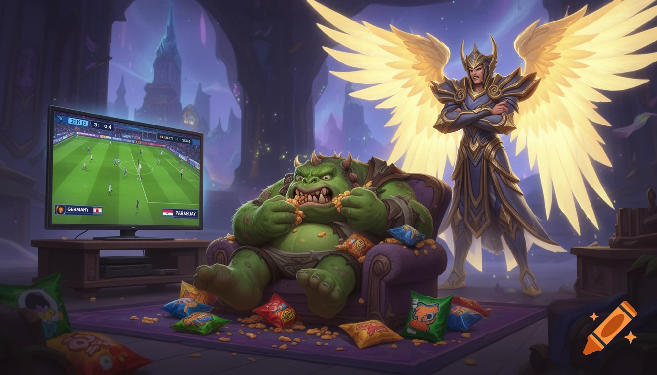 A large green monster, Stitches, eats snacks on a couch while watching a soccer game on TV. The golden-winged angel, Imperius, stands behind him, looking angry in a humorous fantasy scene.