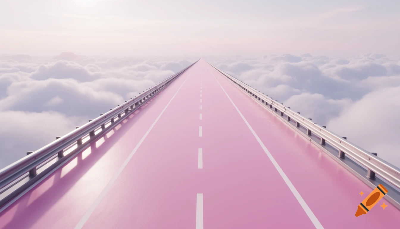 A long pink road with white lines and gray guardrails stretches over fluffy clouds into a pale sky, in a dreamcore style.