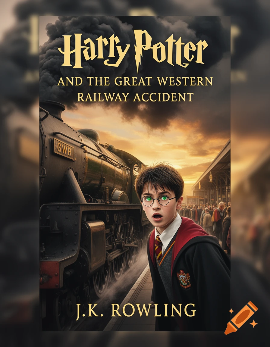 A detailed book cover illustration shows Harry Potter with glowing green eyes looking surprised next to a steam train at a crowded station at sunset.