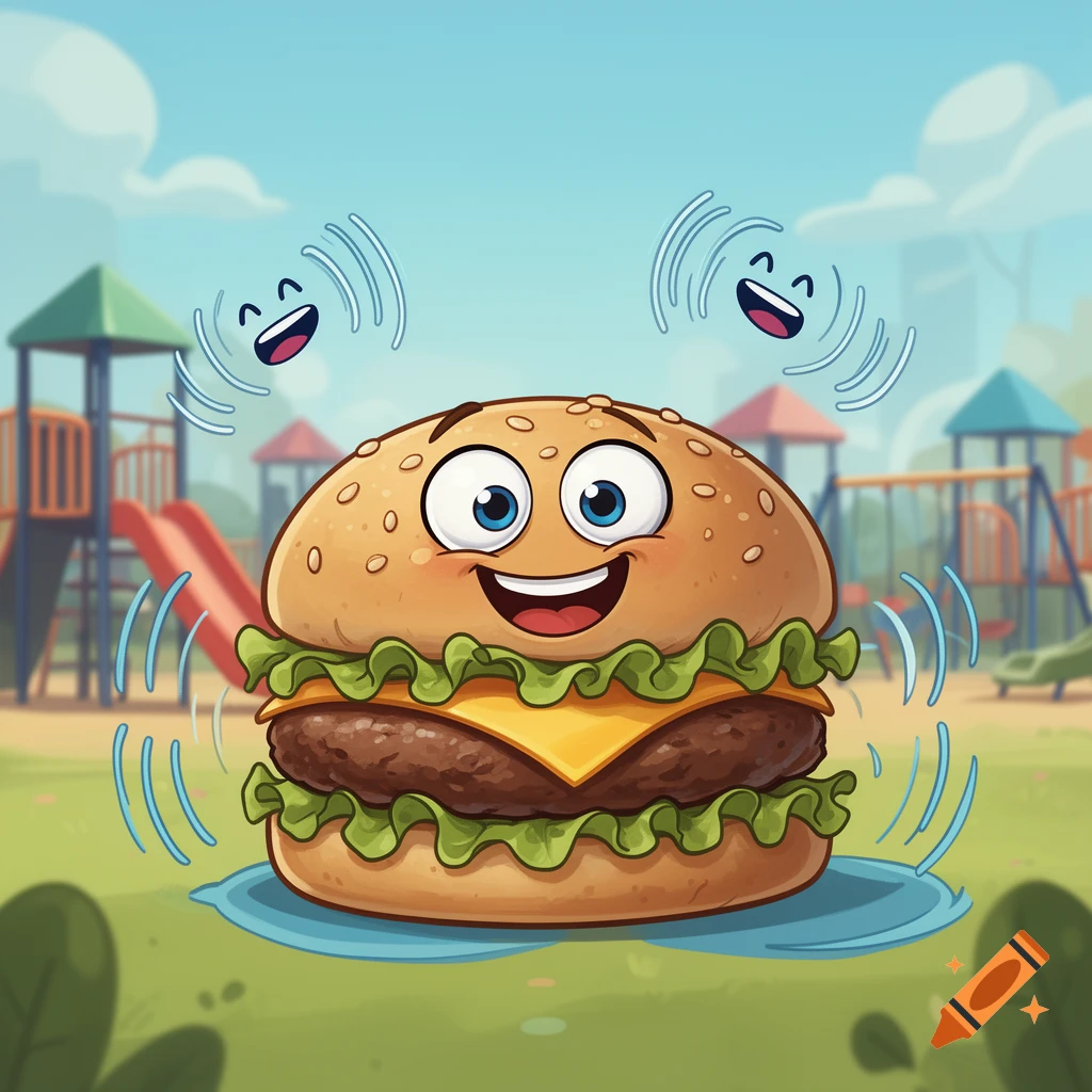 A happy, cartoon burger character with a wide smile and blue eyes laughs in a bright playground setting.