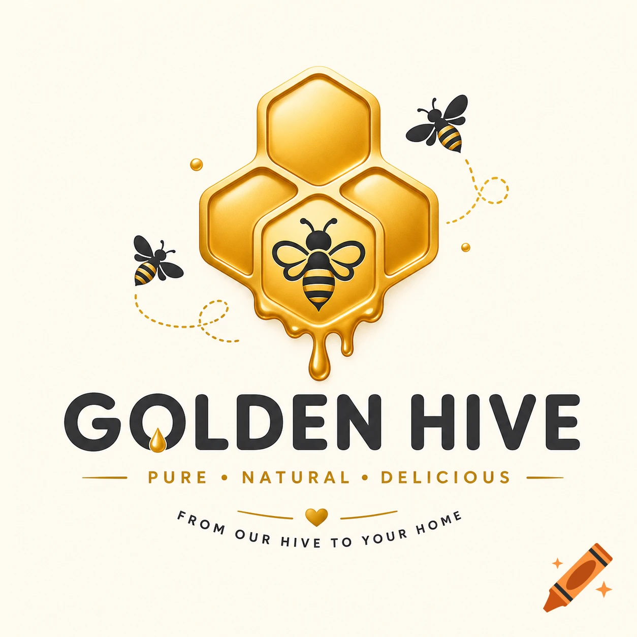 Golden Hive logo with a dripping honeycomb, a stylized bee inside, two flying bees, and company text on a cream background.