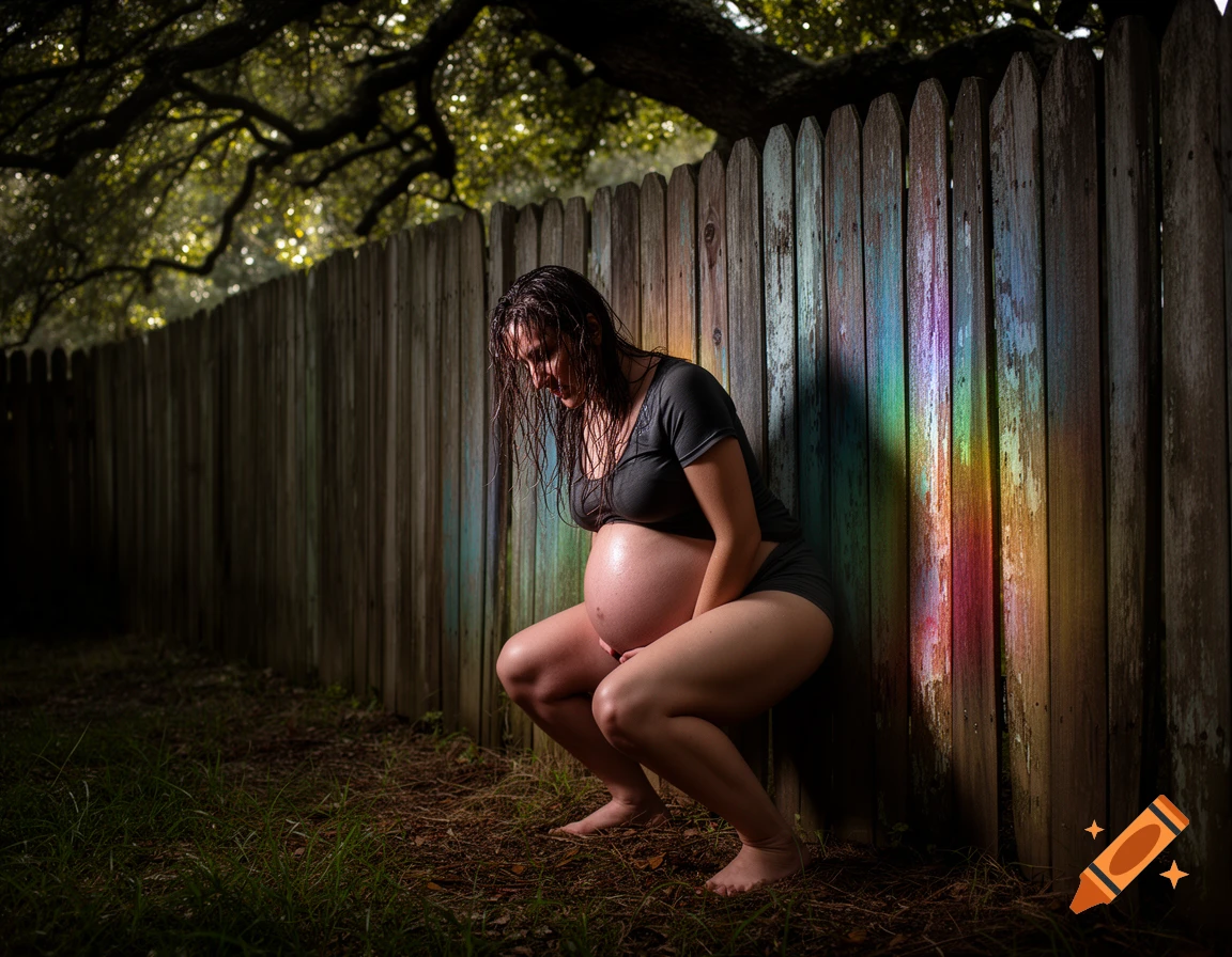 A pregnant woman with wet hair squats against a wooden fence lit by a rainbow, in a dark, natural setting.