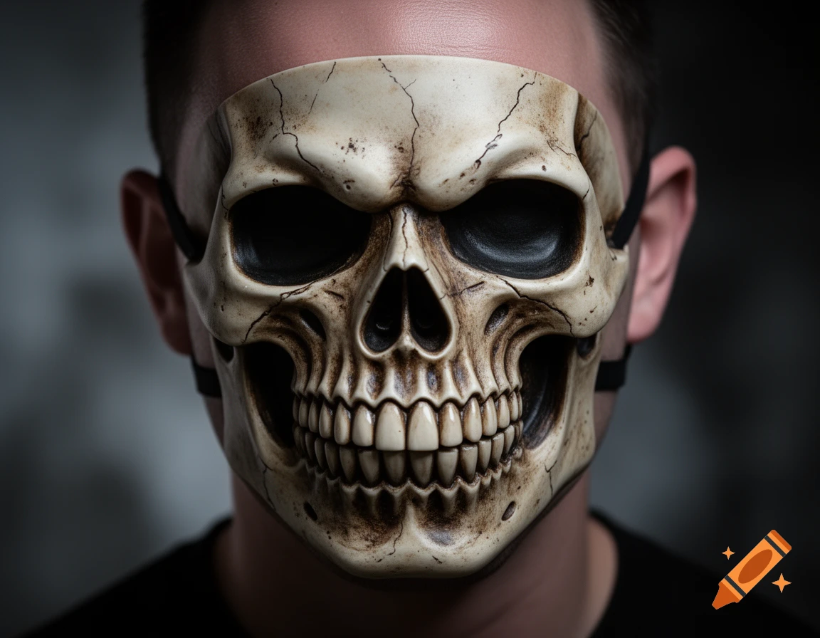 Close-up of a person wearing a detailed, cracked skull mask, against a dark background.