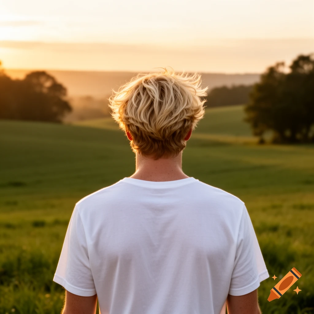Rear view of a person with wavy blonde hair and a white shirt looking at a golden sunset over green fields.