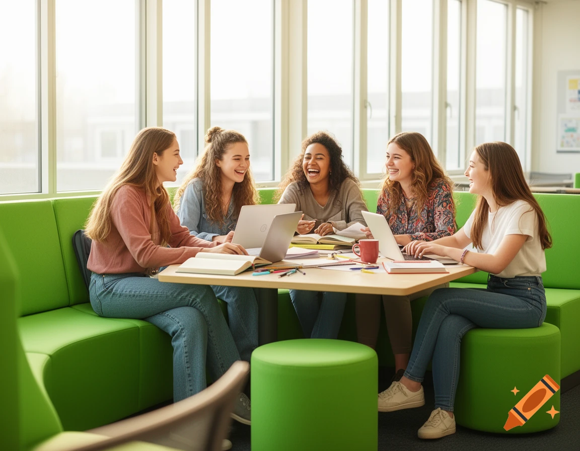 Five young women laugh while working on laptops at a table in a bright study area with green seating.