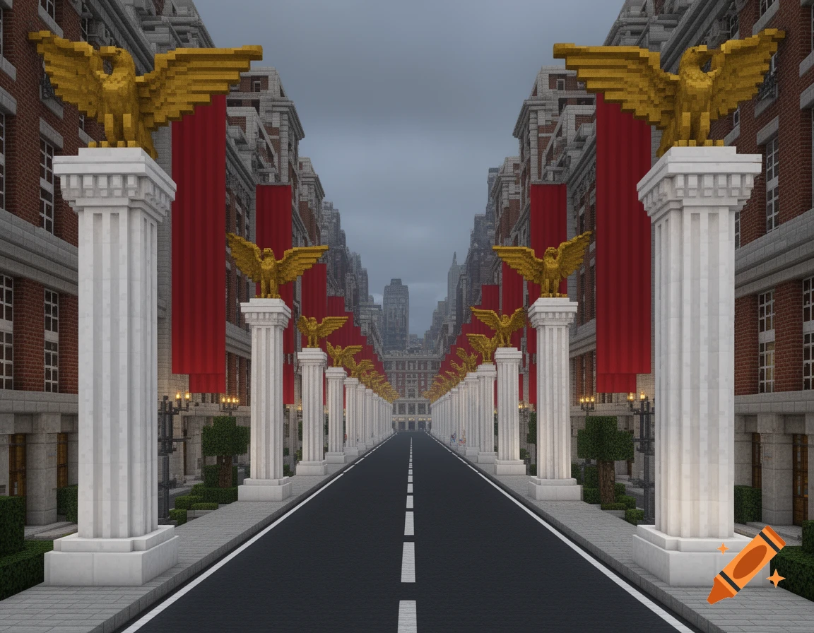 A Minecraft-style long city street with neoclassical white pillars, golden eagle statues, and red banners on brick buildings under an overcast sky.