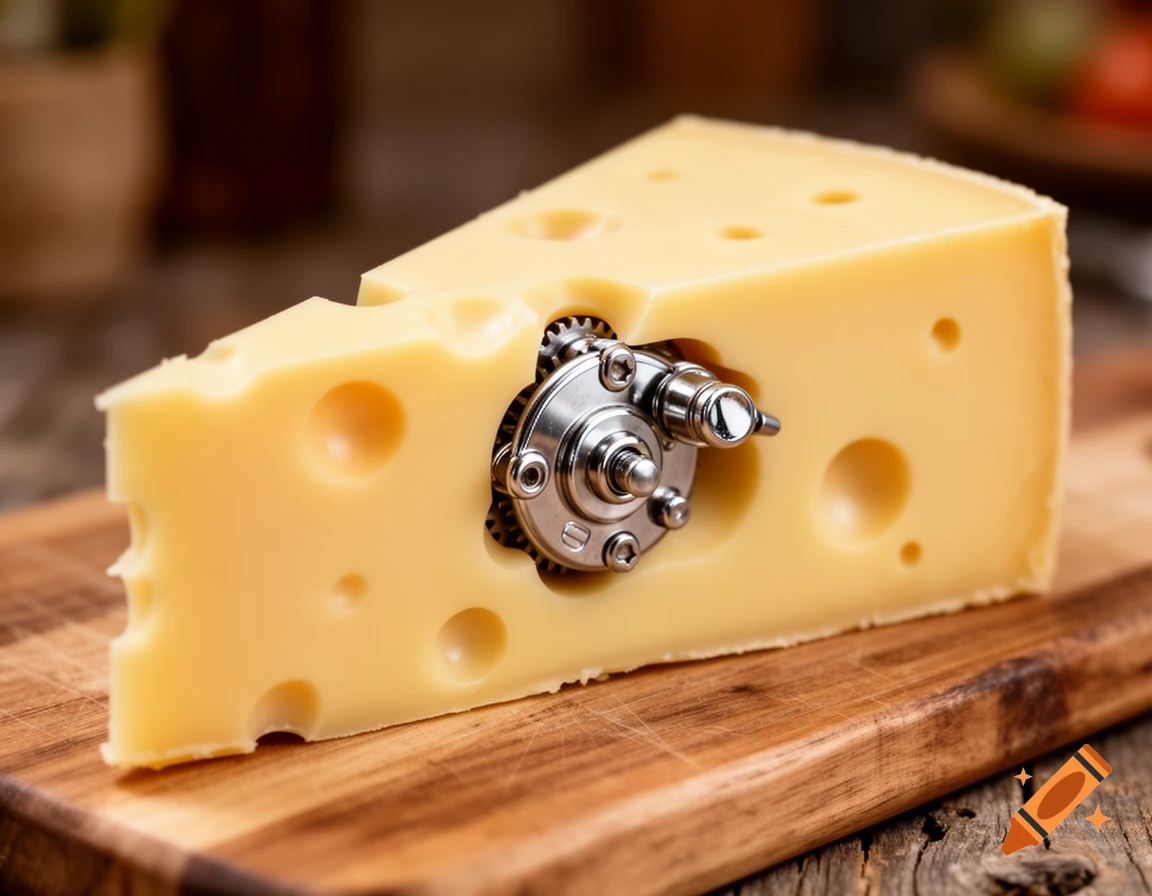 A close-up of a wedge of Swiss cheese with a intricate metallic gear mechanism embedded in one of its holes, on a wooden board.