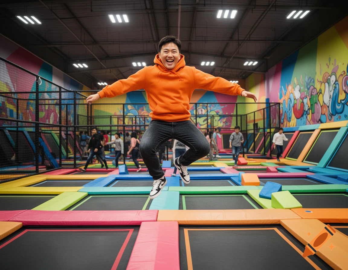 A person in an orange hoodie jumps high above colorful trampolines in an indoor park, with other people in the background.