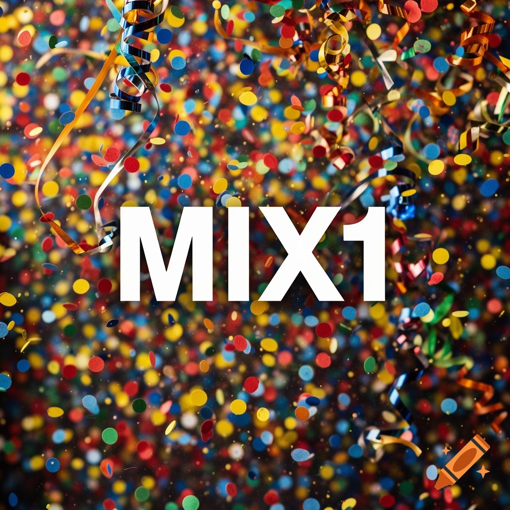 The word MIX1 in bold white letters amidst a vibrant explosion of colorful confetti and streamers on a dark background.