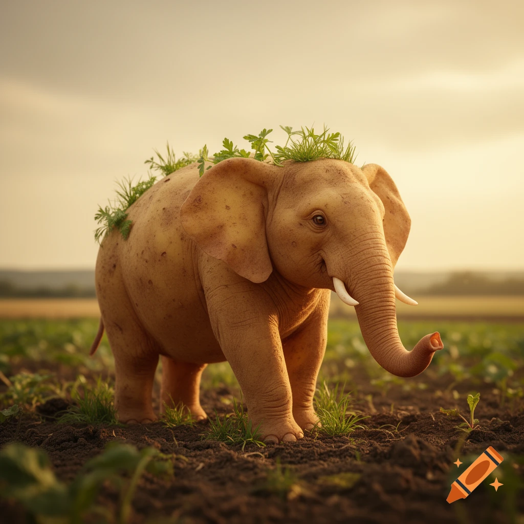 A photorealistic potato-skinned elephant with grass growing on its back stands in a muddy field at sunset.