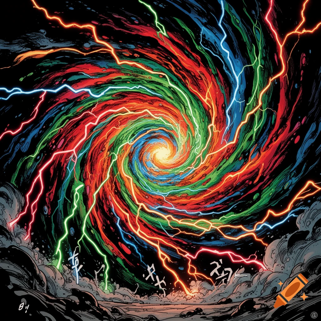 Comic book style art of a vibrant hurricane vortex made of red, green, blue, and orange light with lightning, above a stormy ground.