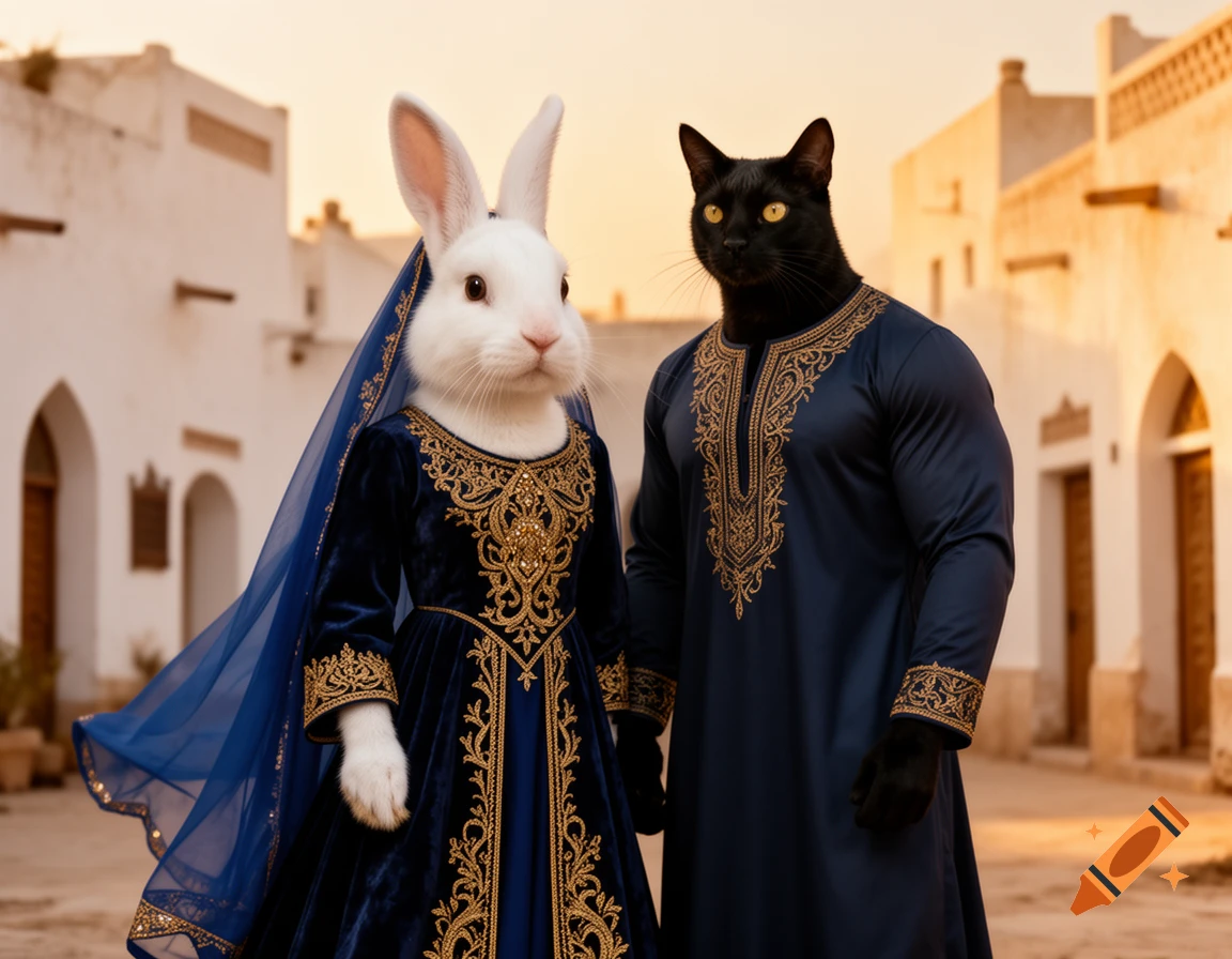Photorealistic image of a white anthropomorphic rabbit and a black cat in ornate dark blue Arabic attire, standing amidst traditional white Arabic buildings.