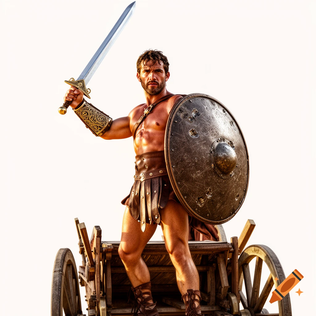 A photorealistic gladiator stands in a chariot, raising a sword with one hand and holding a shield with the other, against a white background.