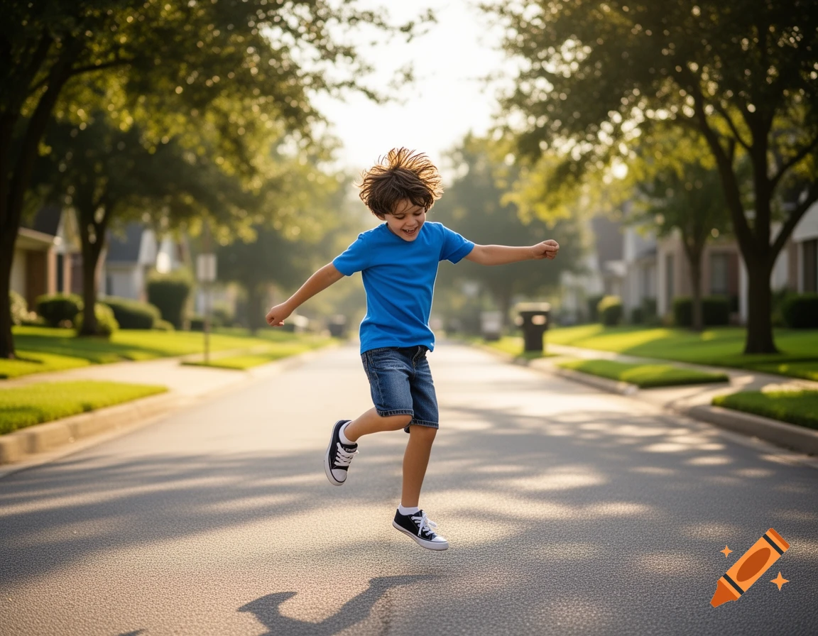 A smiling boy in a blue shirt and denim shorts joyfully jumps in the middle of a sunlit residential street lined with trees.