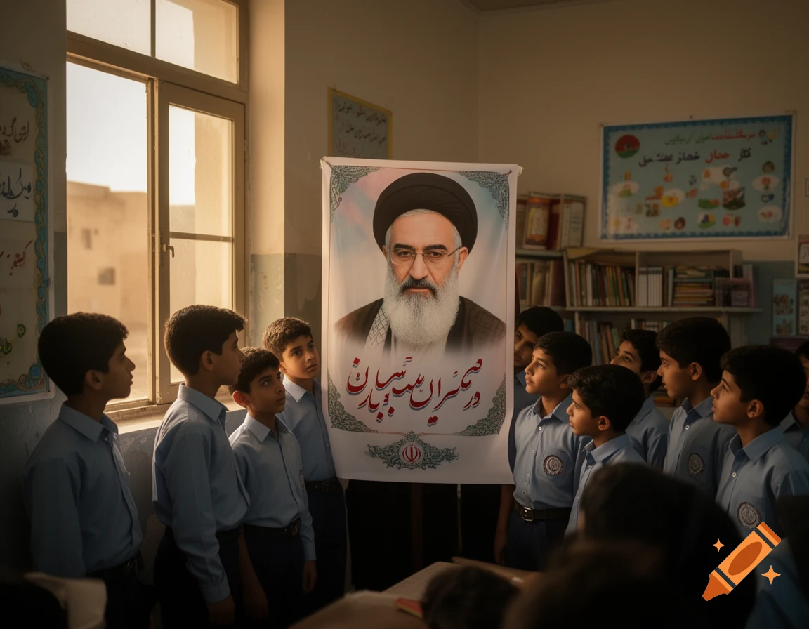 Students in a classroom look at a large portrait of a bearded religious leader in a black turban, bookshelves in the background.