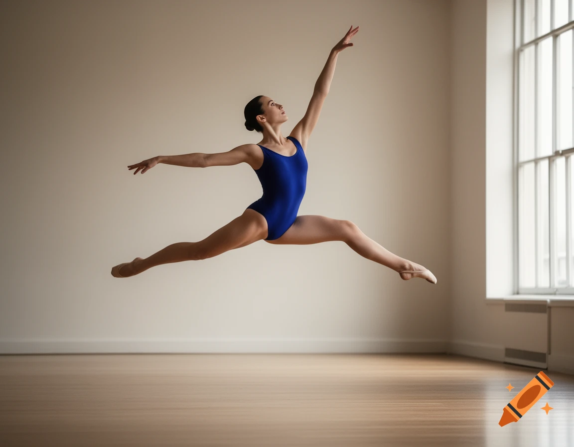 A female ballet dancer in a blue leotard performs a graceful split leap in a bright dance studio.