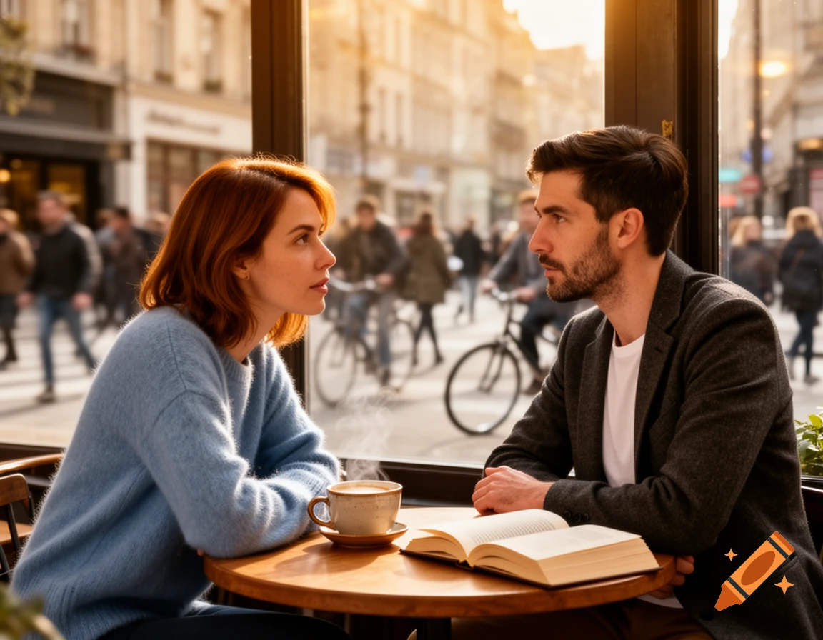 Photorealistic image of a man and woman talking at a sunlit cafe table with coffee and an open book.