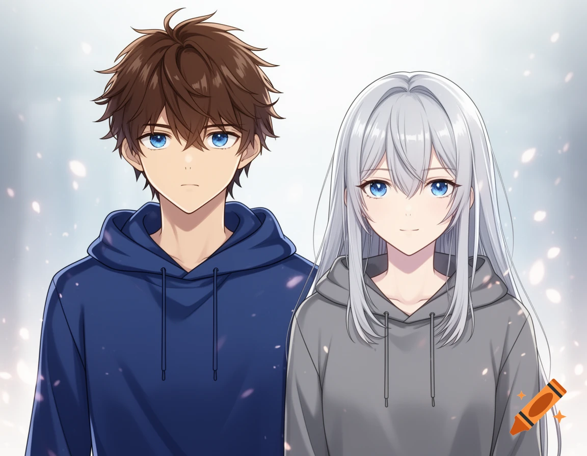 An anime boy with brown hair and blue eyes in a blue hoodie stands next to an anime girl with silver hair and blue eyes in a grey hoodie.