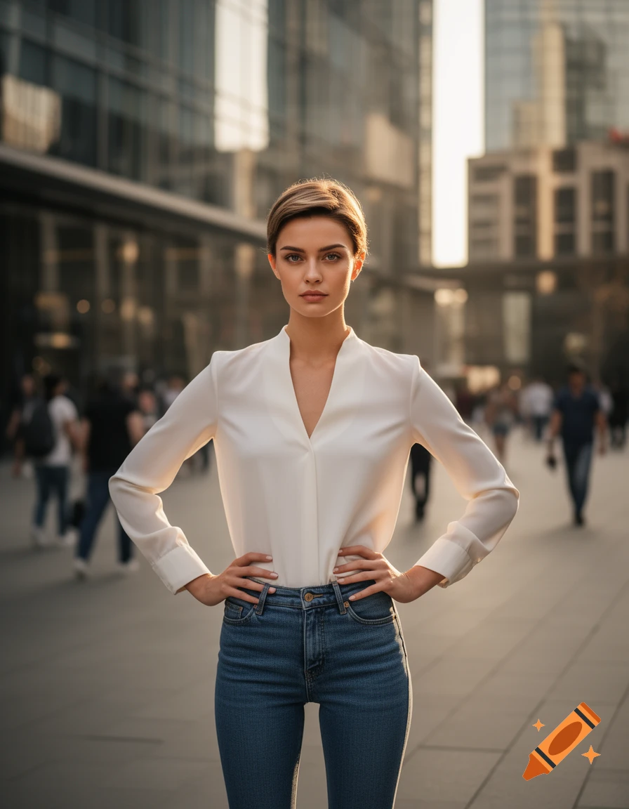 A slim woman with short blonde hair, wearing a white blouse and blue jeans, stands with hands on hips in a sunny city street.