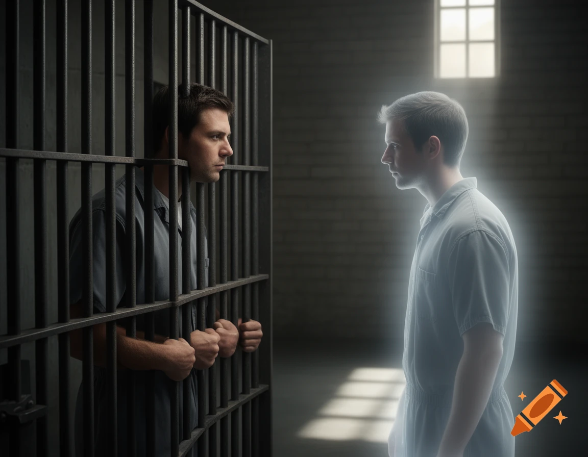 A photorealistic image of a man in a prison cell, holding bars, looking at his glowing, translucent twin brother outside.