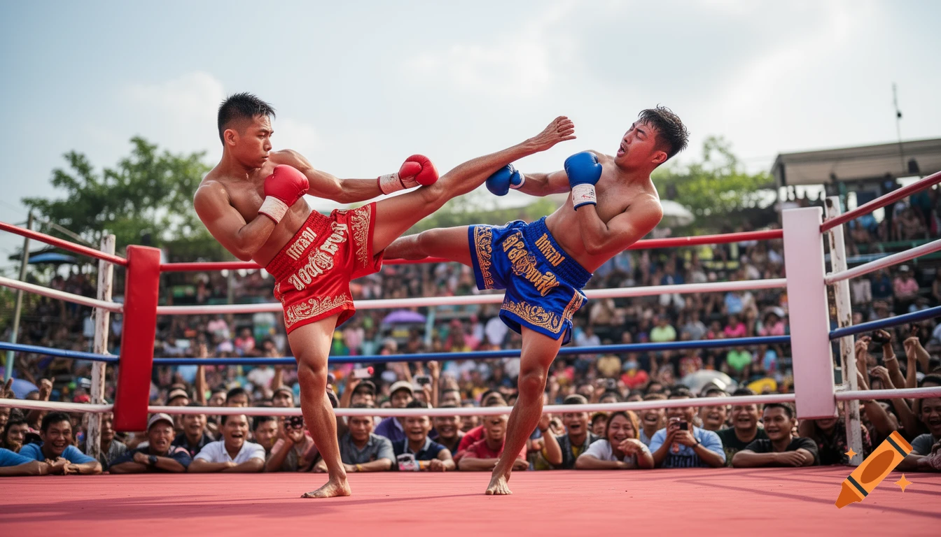 Two male Muay Thai fighters in red and blue shorts exchange a kick in an outdoor boxing ring during a fight, surrounded by a cheering crowd.